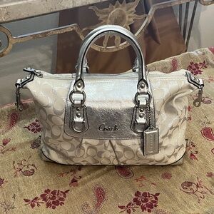 Coach Metallic Silver and cream Satchel with longer shoulder strap option